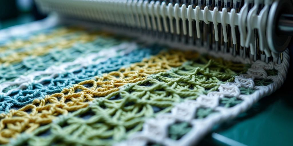 Modern crochet machine creating intricate yarn patterns.