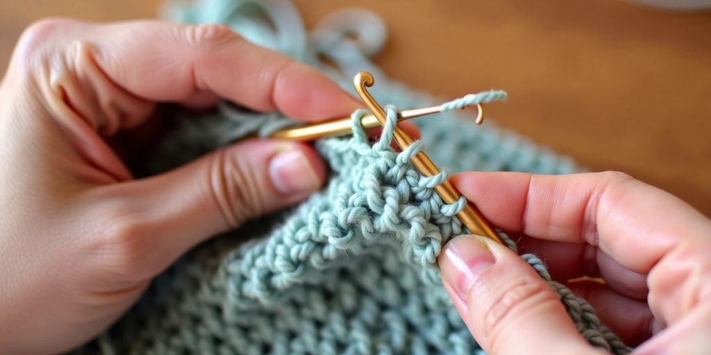 Hands crocheting a flat piece of fabric