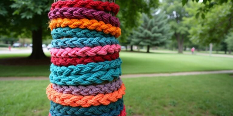 Tree trunk wrapped in colorful yarn in a park.