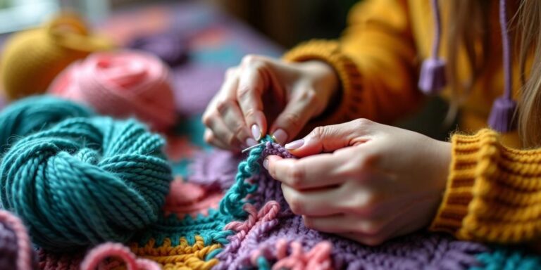 Hands crocheting with colorful yarns