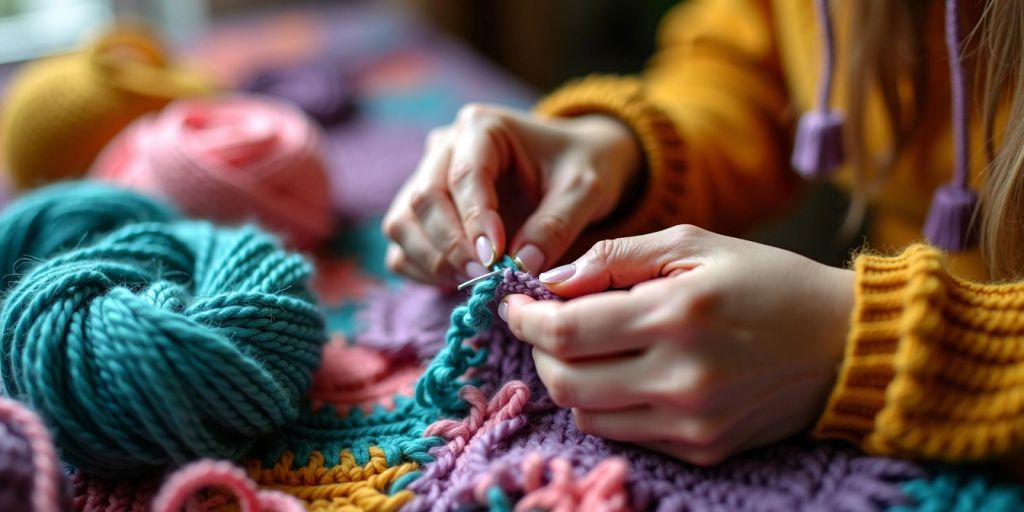 Hands crocheting with colorful yarns
