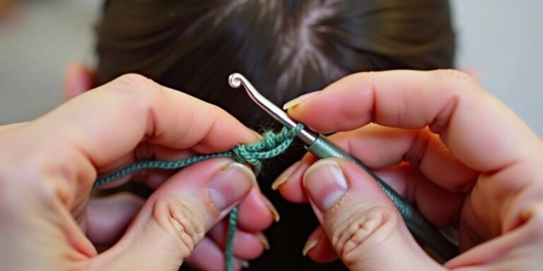 Hands crocheting hair with a crochet hook.