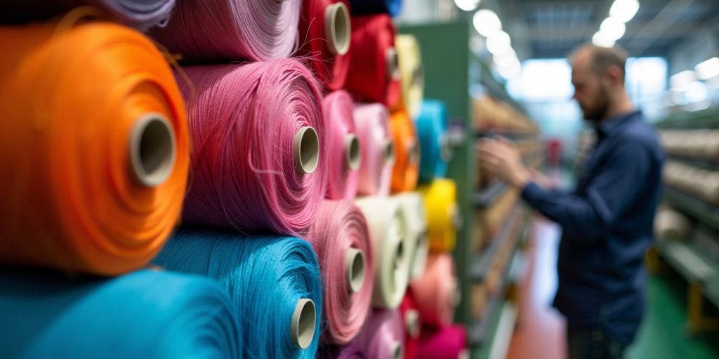 Colorful yarn spools in a textile factory