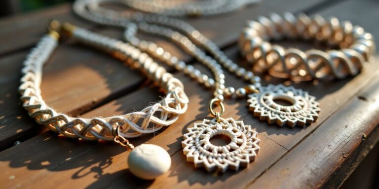 Handmade crochet jewelry on rustic wood